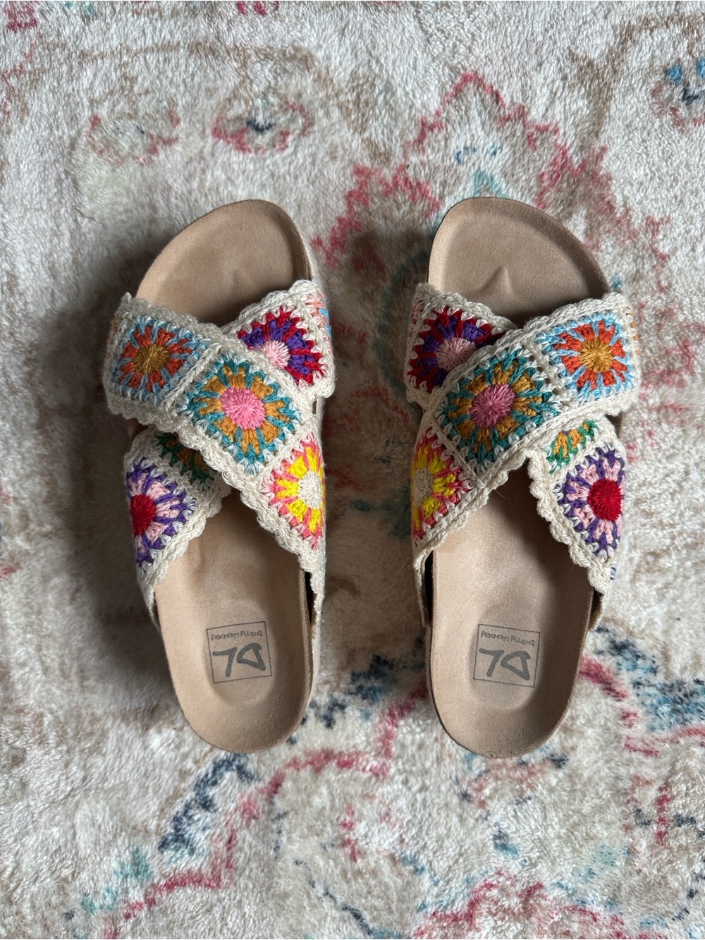 Dirty Laundry Crochet Cross-Strap Slides in Cream with Multicolor Embroidery